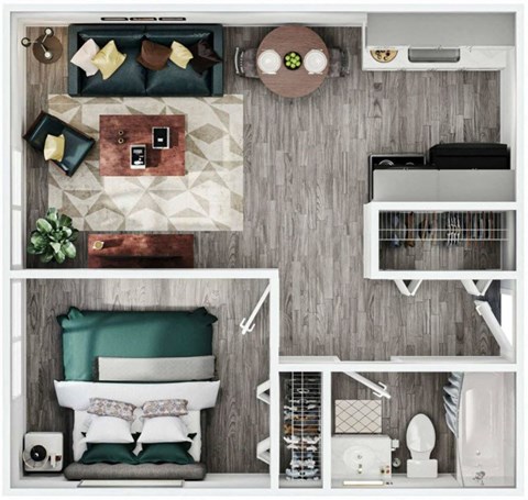 Floor plan for 1 bed, 1 bath, 678 sqft